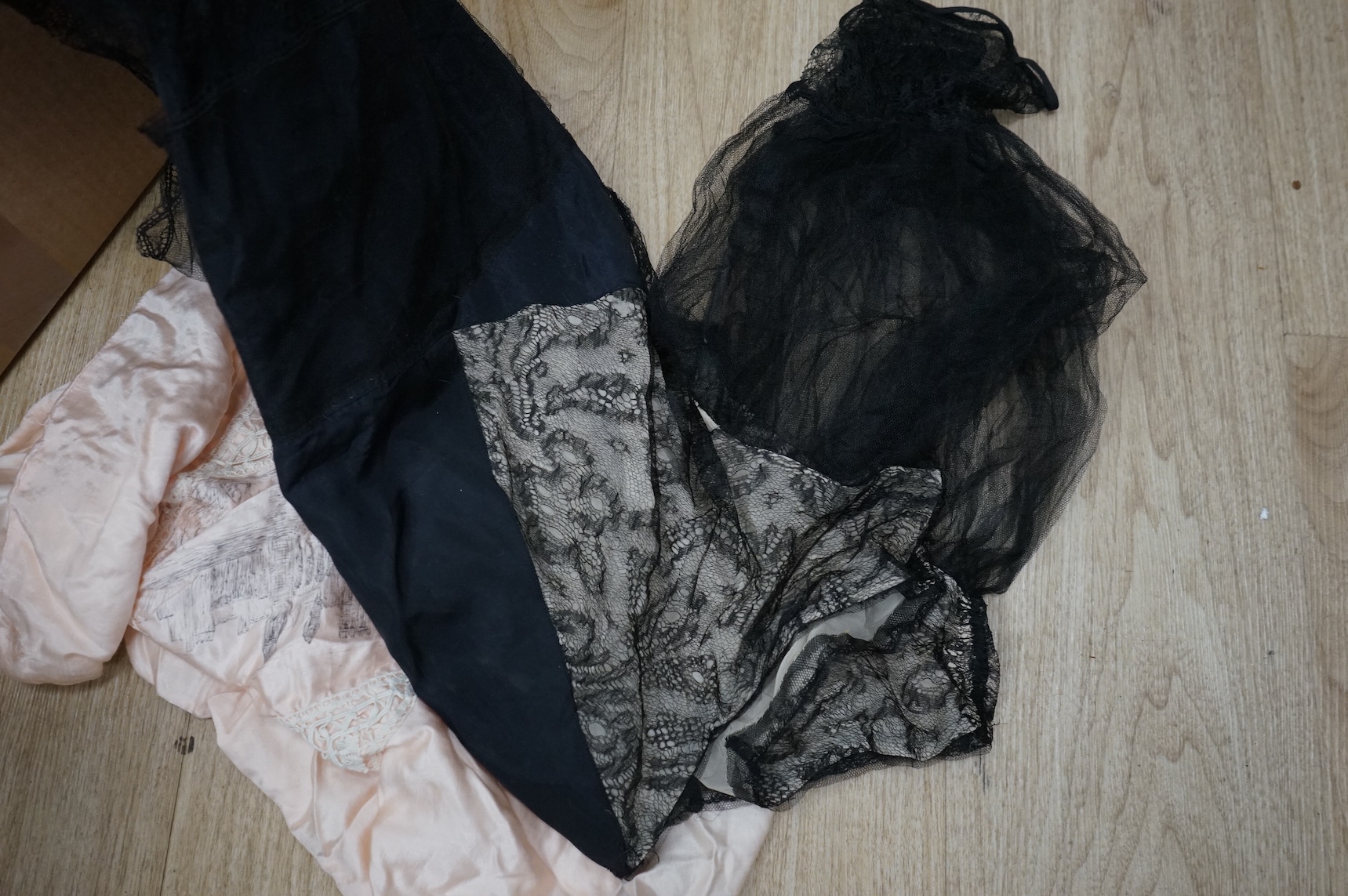 Mixed Victorian white under clothing, black lace dress trimmings etc, useful for theatre and film
